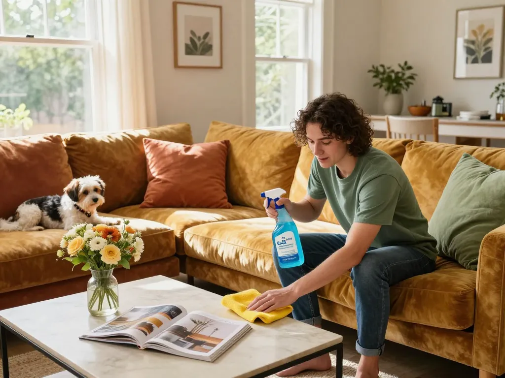 Home improvement blogs (UK) showcasing a cozy living room scene with upholstery cleaning tools, highlighting eco-friendly cleaning practices.