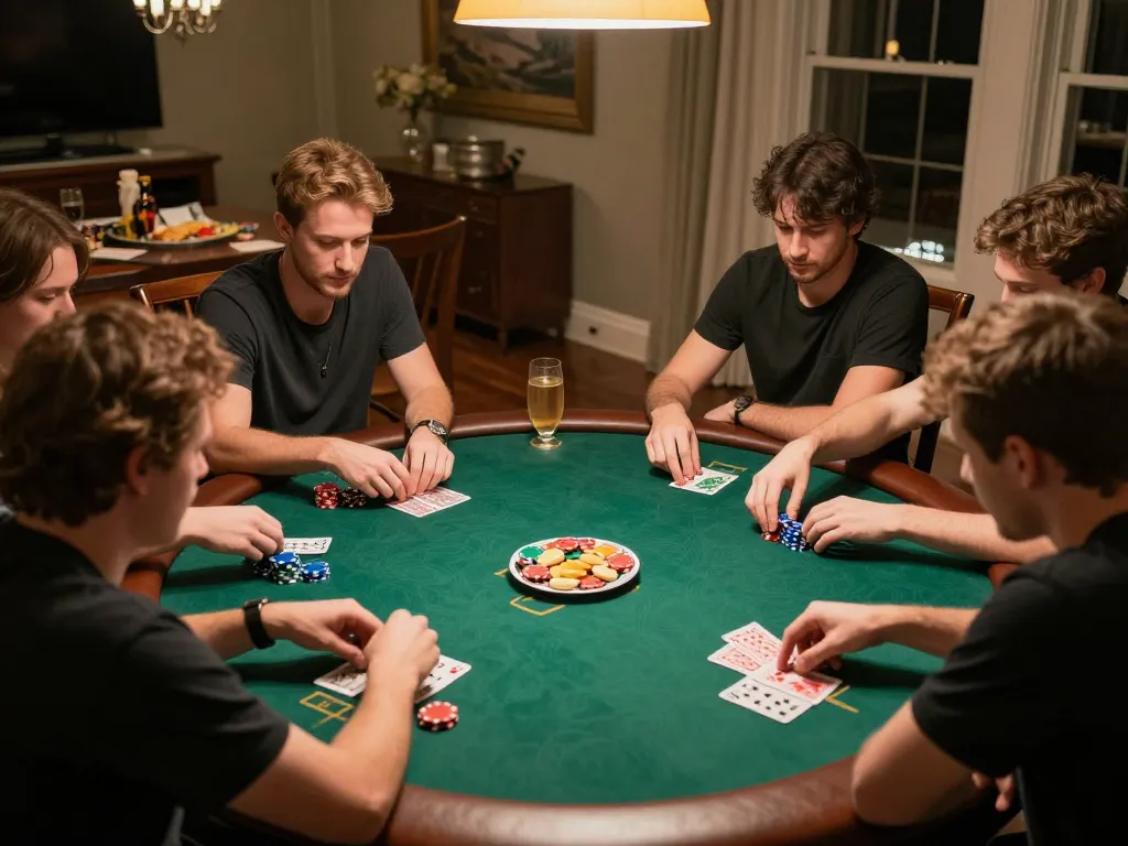 TR88 home poker night where friends engage in strategic gameplay around a well-lit table