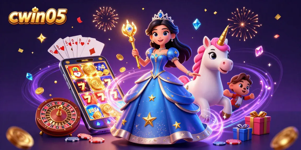 Play exciting slot games on cwin05 with a glamorous scene featuring vibrant characters and rewards showering down.