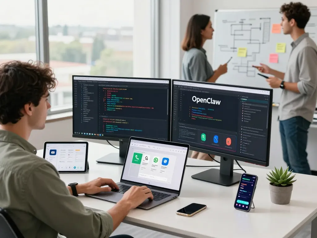 Developer utilizing open claw personal AI assistant in a modern office.