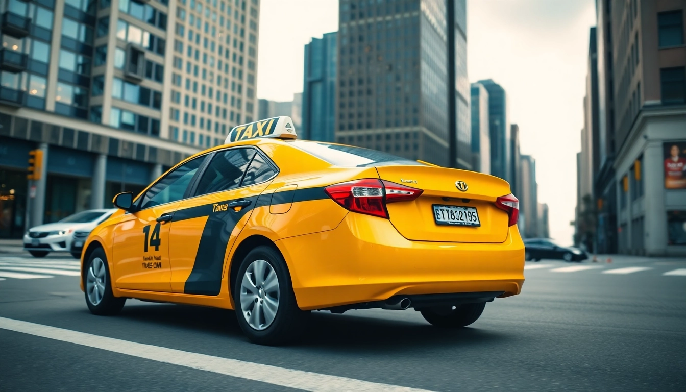 Taxi parked in an urban setting, showcasing a sleek design and vibrant branding.
