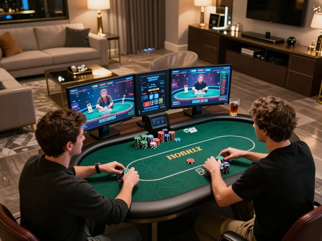Players engaging in a strategic online poker game at 789bet, showcasing luxurious gaming setup.