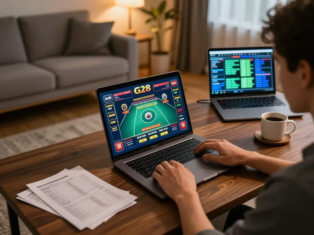 G28 live dealer game interface displayed on laptop during online gaming session at home