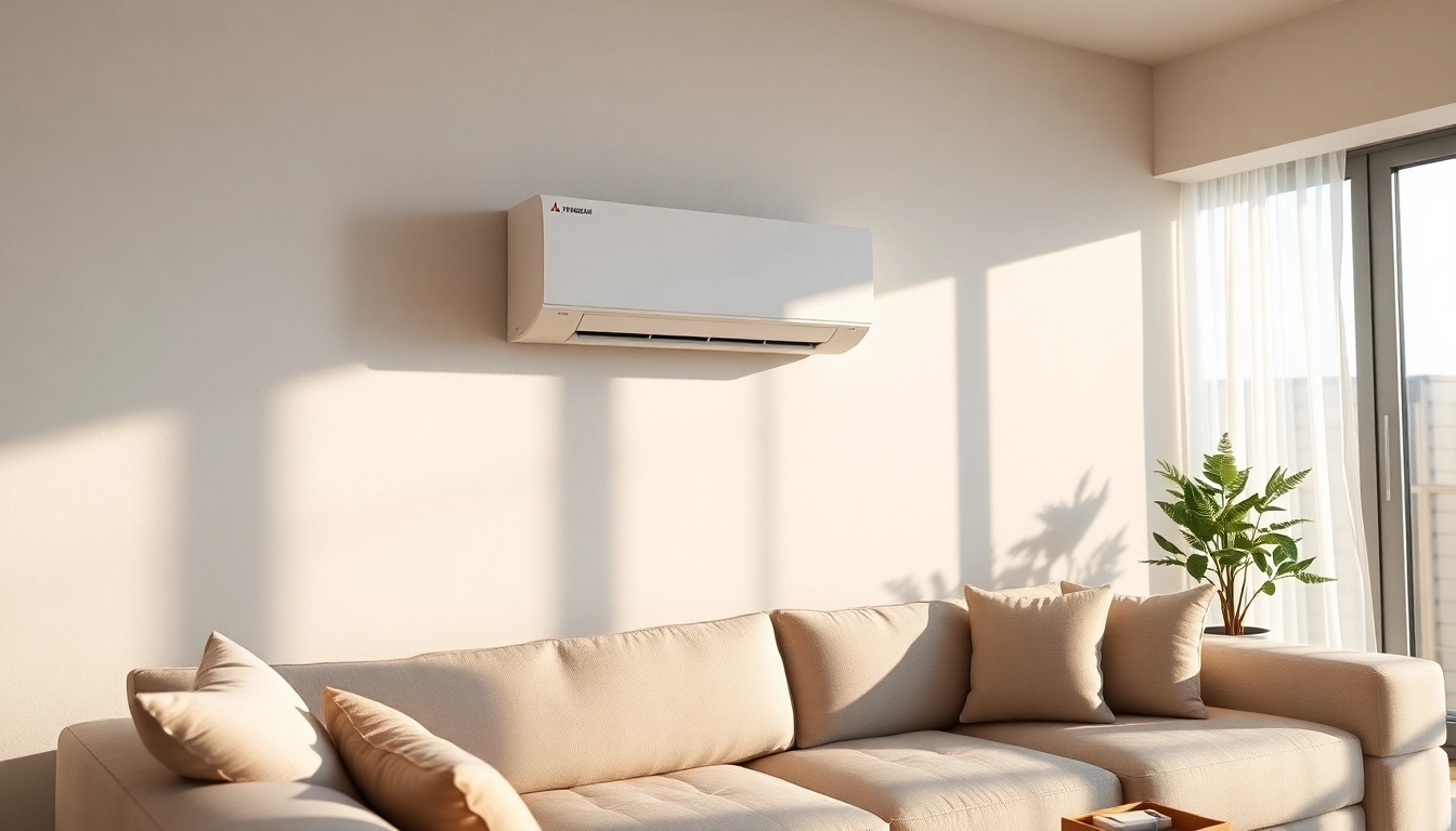 Mitsubishi mini split AC mounted in a contemporary living room, enhancing comfort and aesthetics.