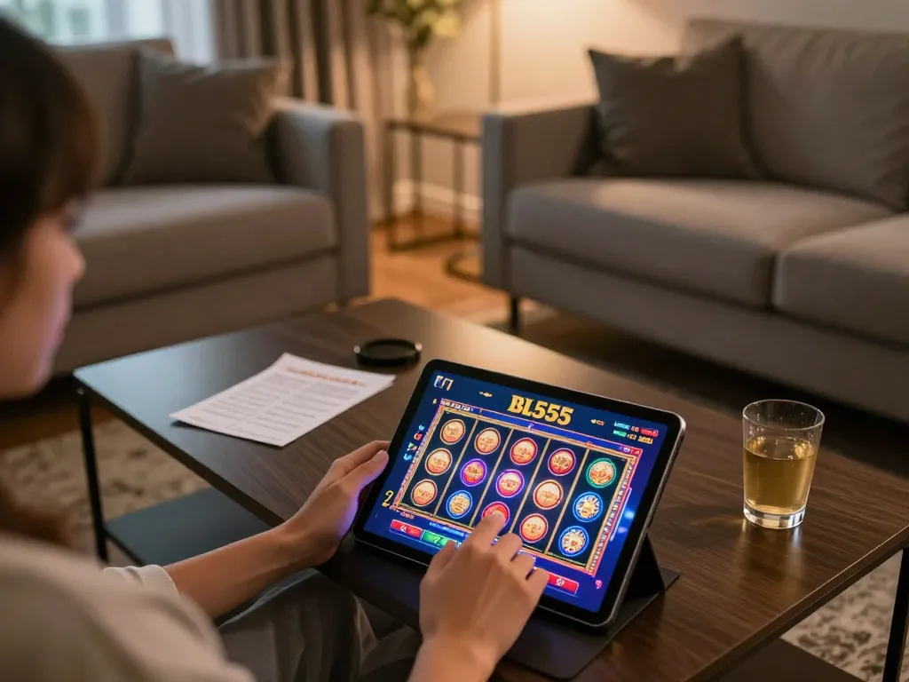 Player using Bl555 app on tablet in cozy setting, showcasing responsible gaming