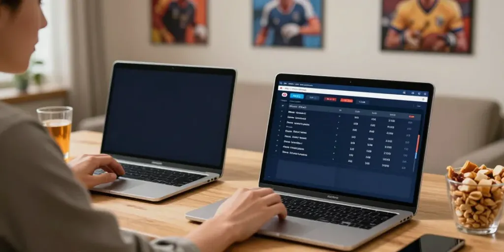 Engaged player exploring oxbet.com for live sports betting at home with clear setup.