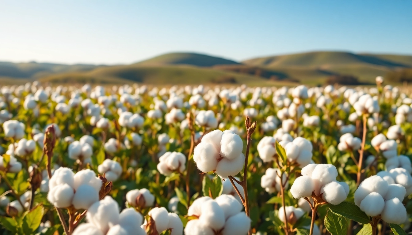 Katoenplanten in een zonovergoten veld met bolletjes katoen op de achtergrond