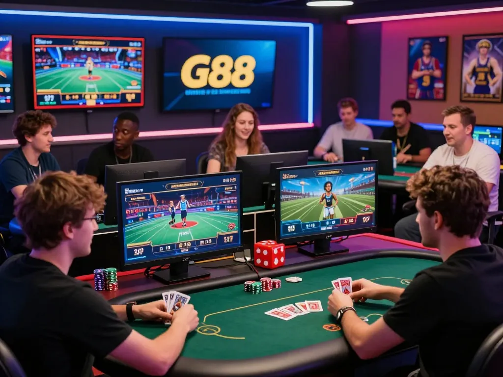 Engaging online gaming scene highlighting players at G88.de.com, showcasing excitement in poker and sports betting.