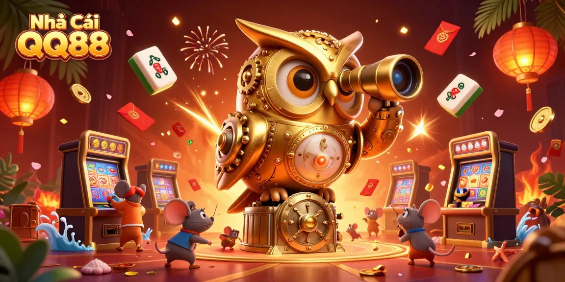 Engaging scene showcasing Nhà Cái QQ88 with a captivating clockwork owl and vibrant casino atmosphere.