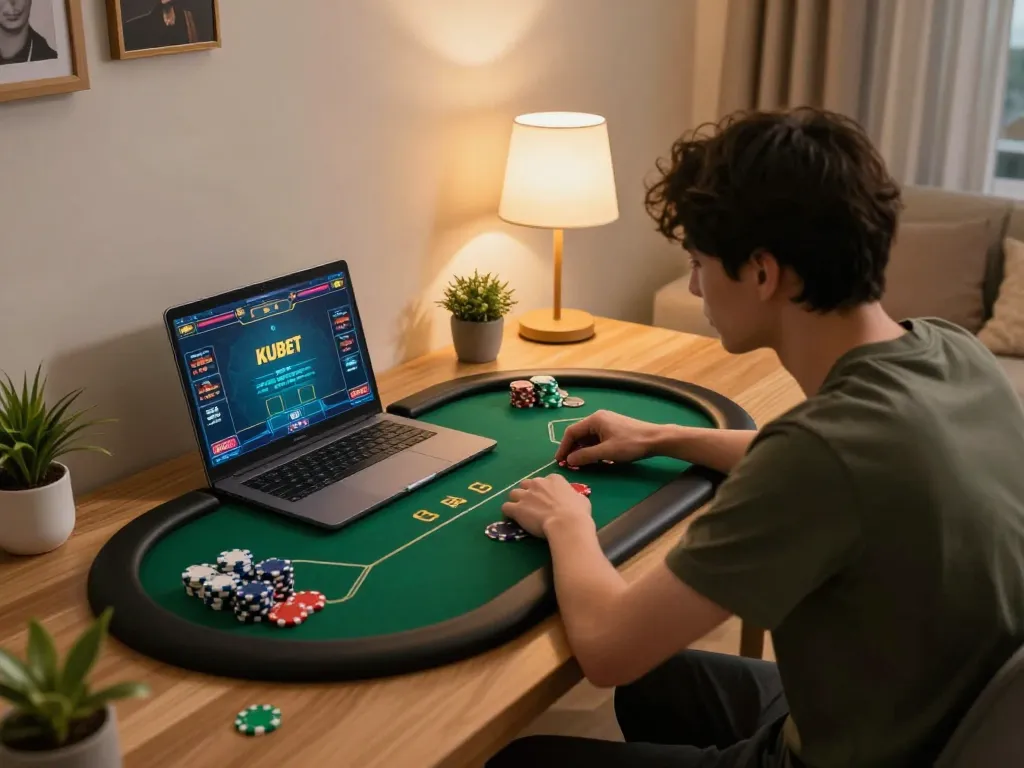 Engaged player enjoying an exciting kubet poker game on laptop, showcasing dynamic gameplay atmosphere.