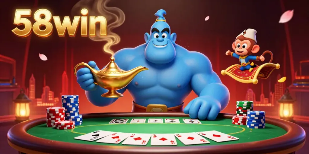 Experience the casino magic of 58win with a dazzling genie and poker scene filled with excitement.