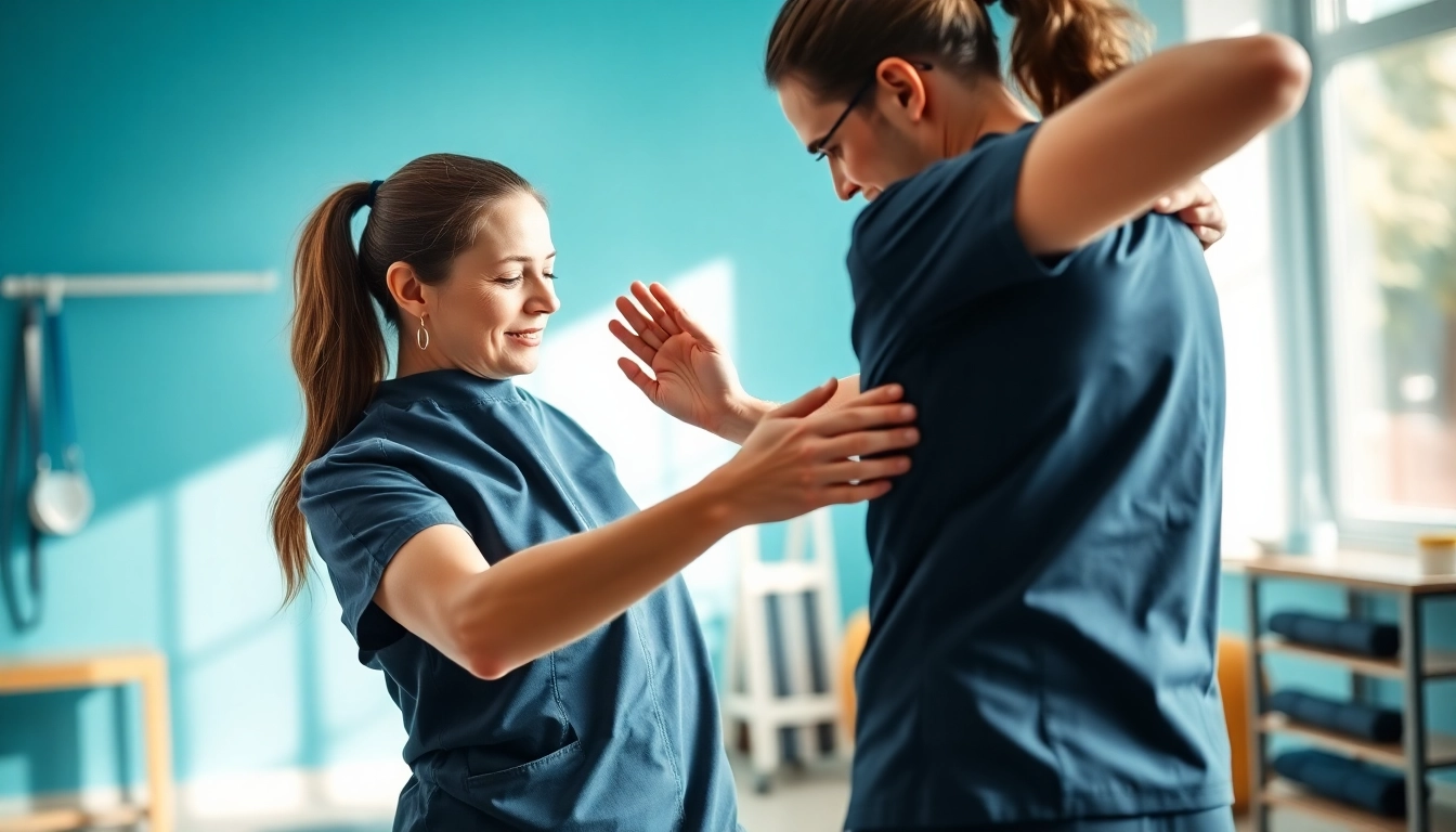Showcasing back pain solutions, a physiotherapist assists a patient with gentle stretches in a bright clinic.