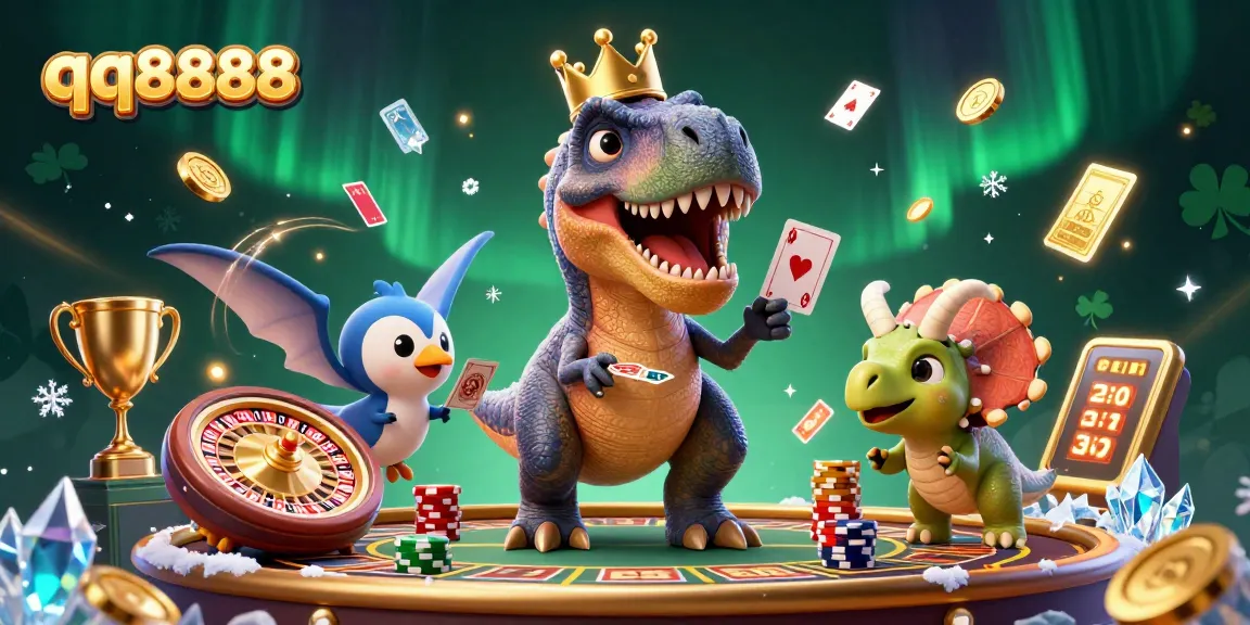 Engage with exciting qq8888 casino games featuring T-Rex shuffling cards and a supportive pterodactyl!