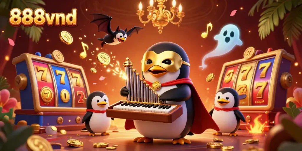 Experience excitement at 888vnd with a penguin playing organ releasing coins in a casino-themed scene.