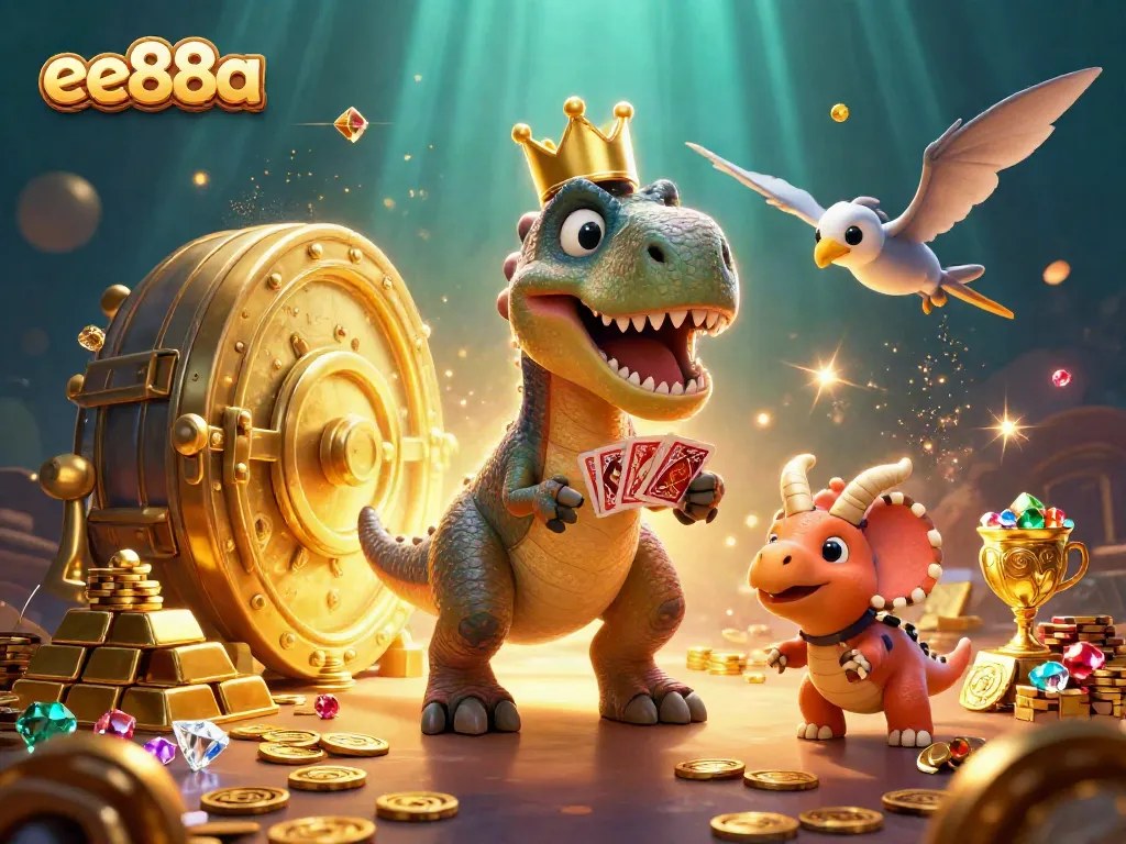 Experience winning moments with ee88a at an exciting casino-themed illustration featuring lively dinosaur characters.