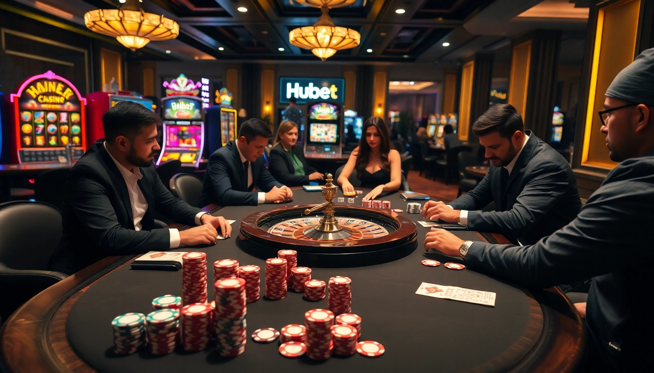 Hubet players enjoying an exciting game at a luxurious casino card table with vibrant chips and digital displays.