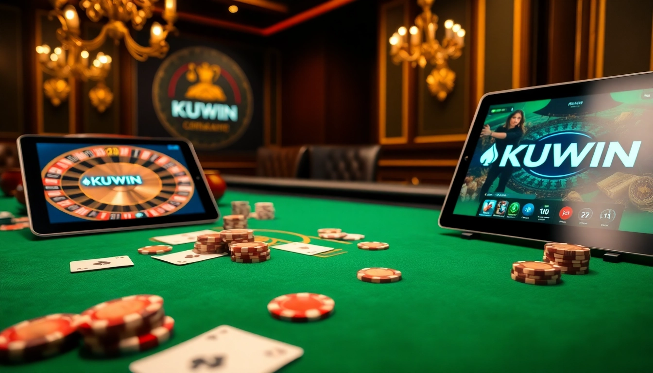 KUWIN poker game scene with chips and cards reflecting luxury gambling atmosphere.