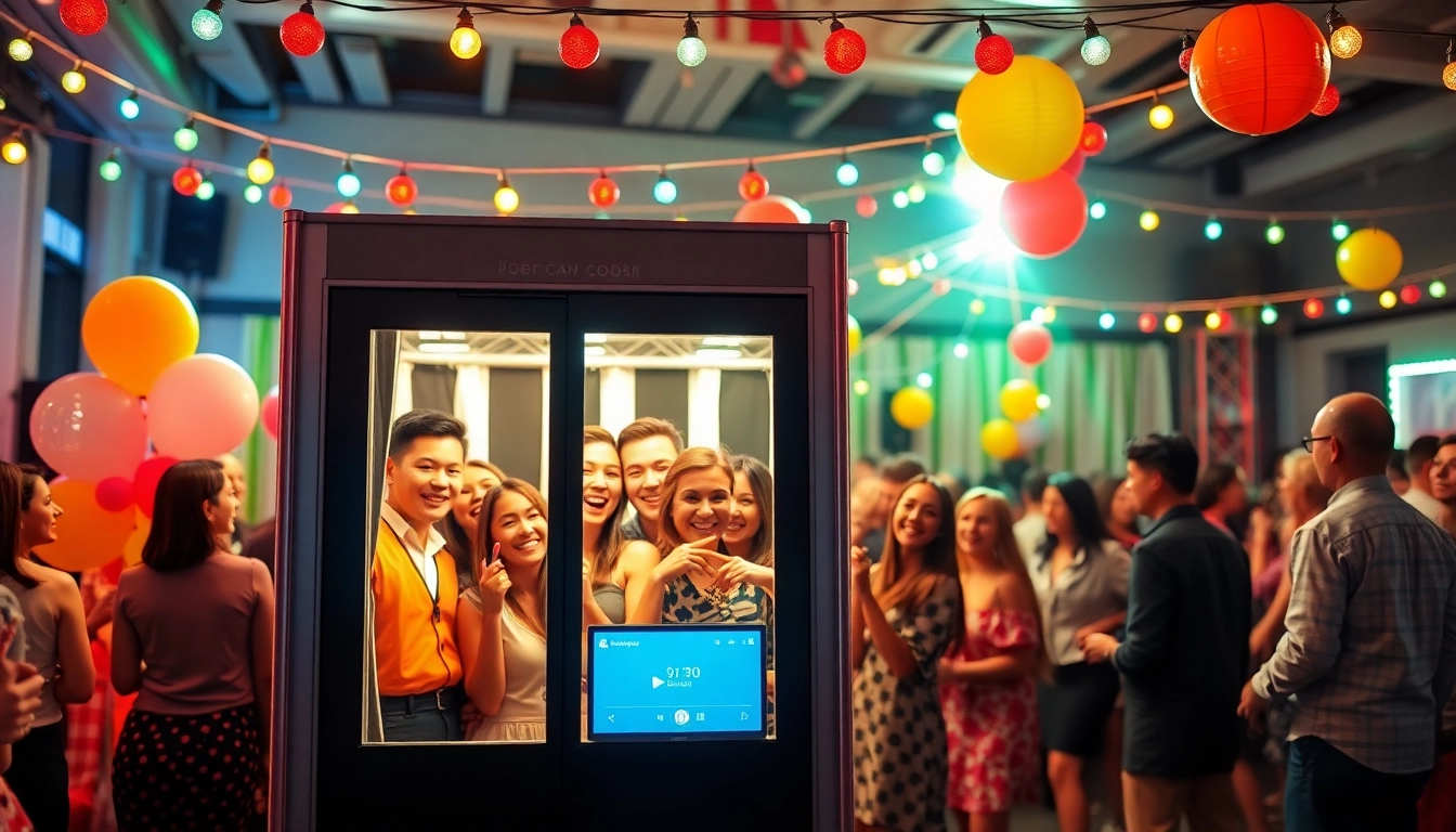 Guests enjoying a photo booth rental experience at a lively event with festive decorations.
