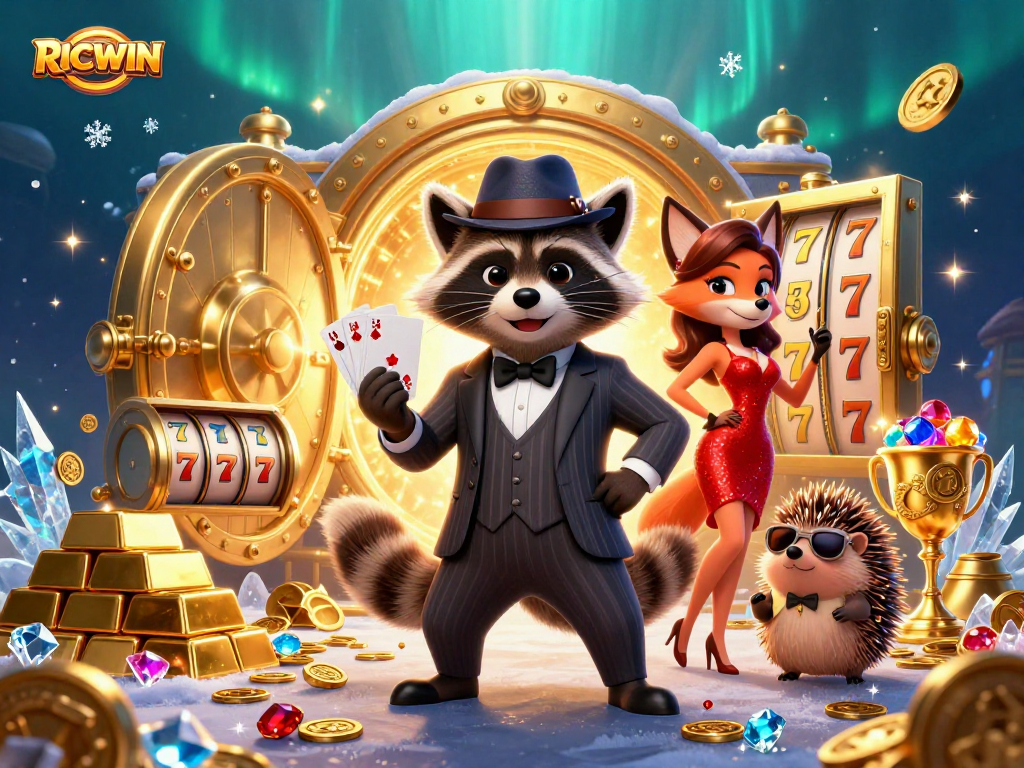 Experience winning excitement with RICWIN in a vibrant 3D casino illustration featuring dynamic characters and treasures.
