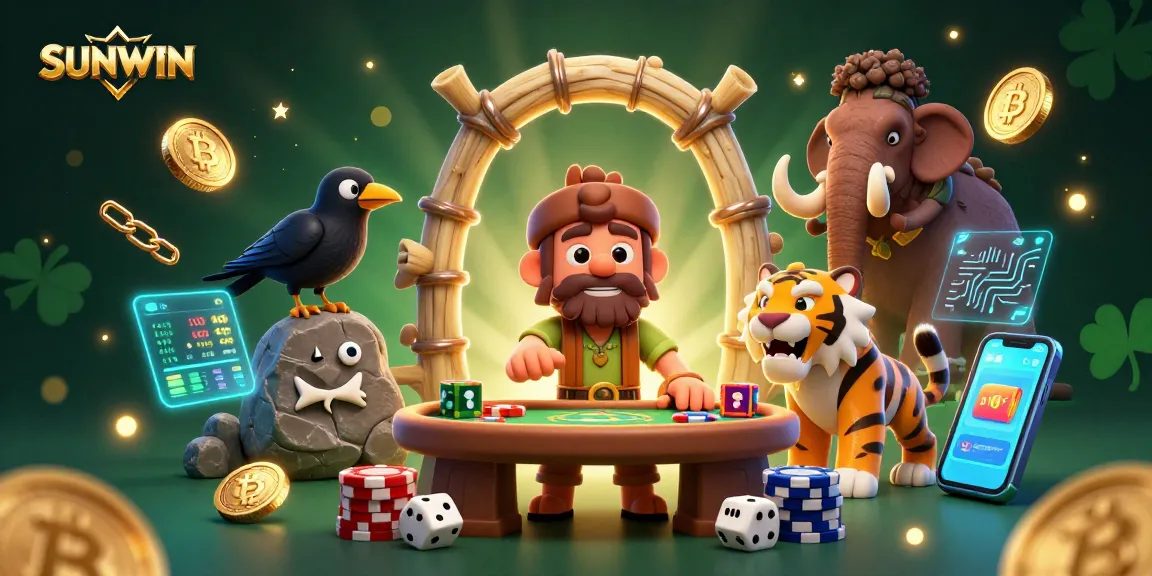 SUNWIN showcases prehistoric characters running a casino with crypto-themed elements and vibrant visuals.