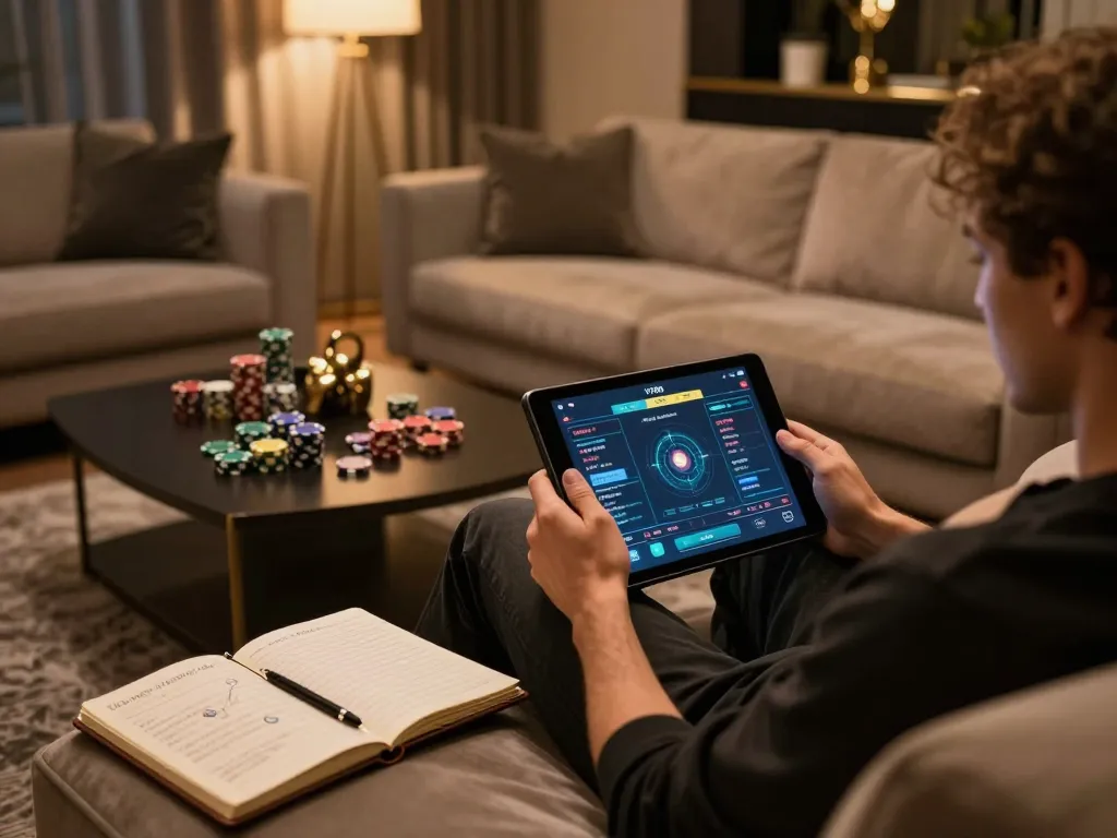 Person engaging in online gambling at VT88, showcasing a cozy home gaming setup with strategy notes.