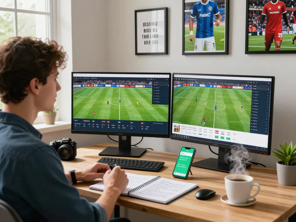 Football fan analyzing live stats on NOWGOAL for betting strategies and insights.