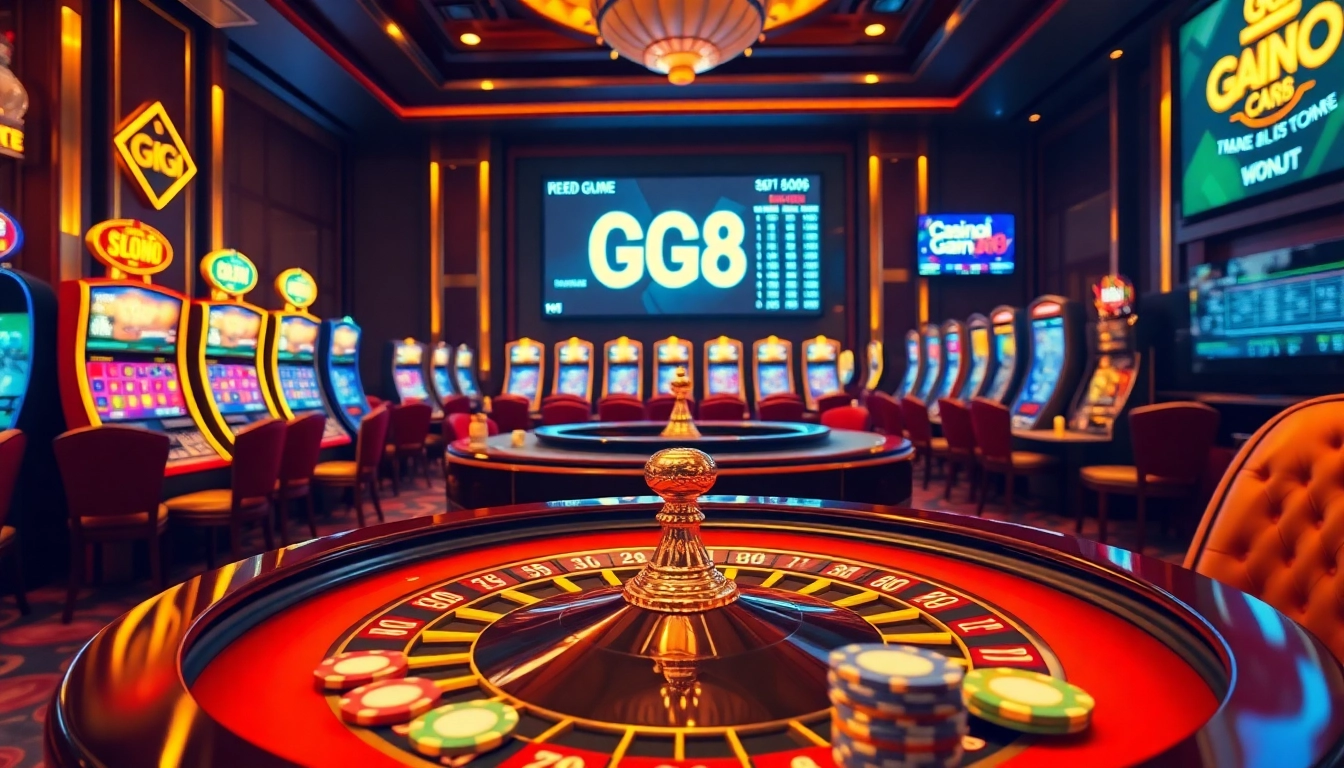 Exciting casino scene showcasing GG 88 with roulette, poker chips, and vibrant slot machines.