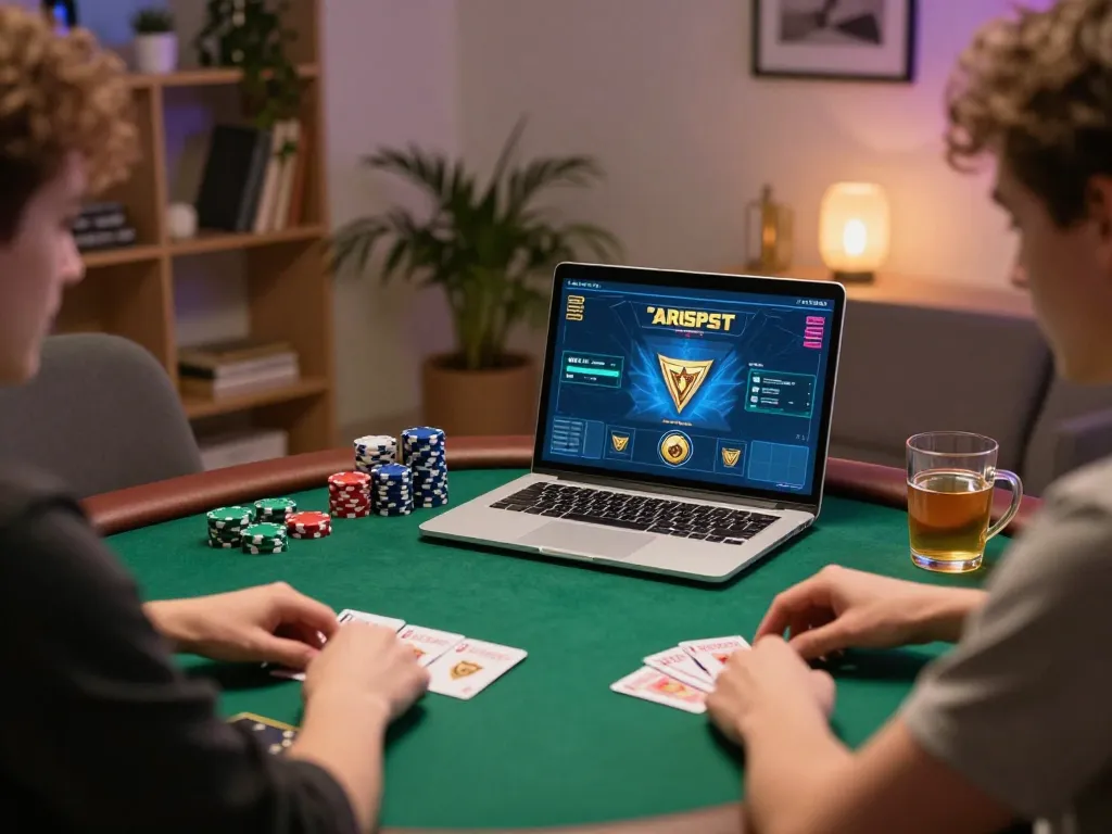 Engaging in strategic online poker on laptop at home, highlighting nhà cái uy tín Sunwin