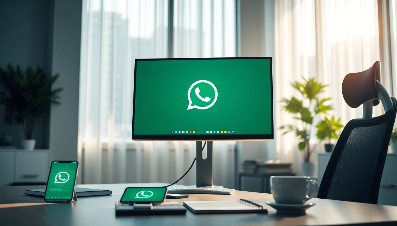 桌面电脑上展示 WhatsApp网页版的生动办公场景，强调生产力与连通性。