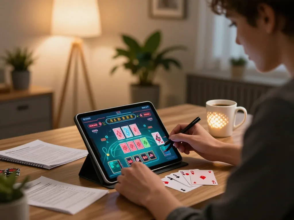 Engaging online poker session on xfzc168 with player analyzing strategy notes in a cozy home setting.