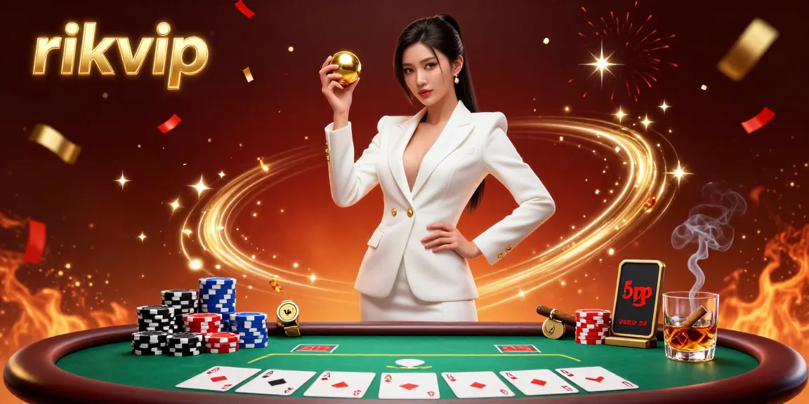 Experience the excitement of rikvip with a stunning Asian dealer holding a roulette ball amid vibrant casino elements and poker excitement.