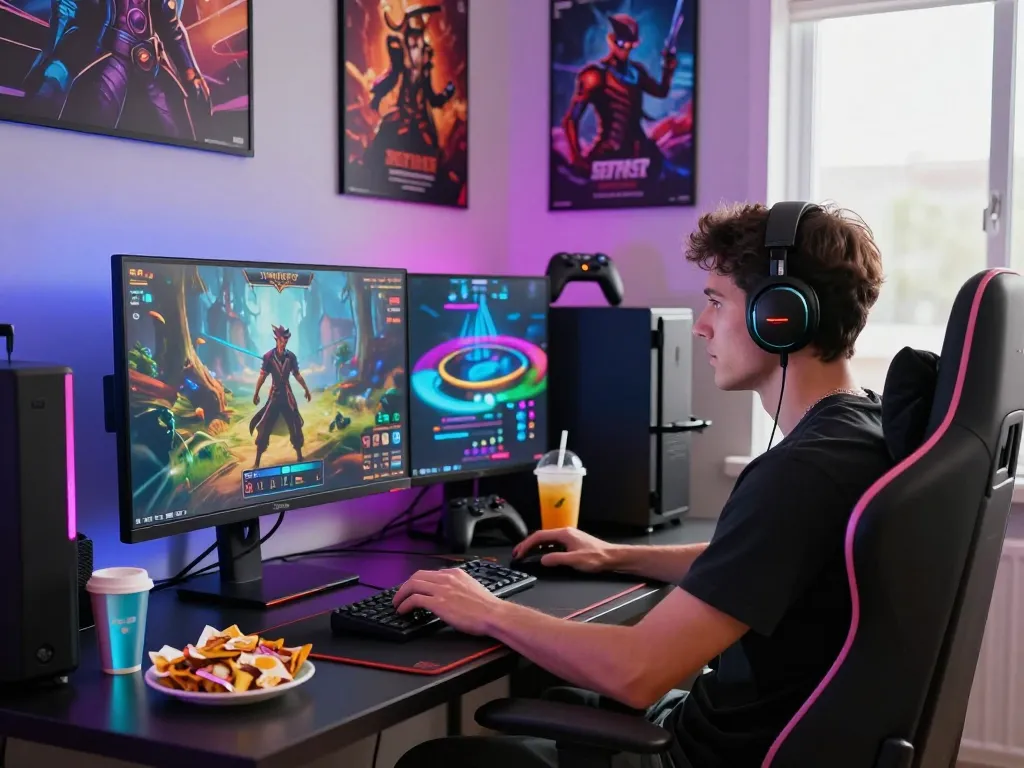 Engaged gamer playing a sex game in a vibrant gaming lounge with LED lights.