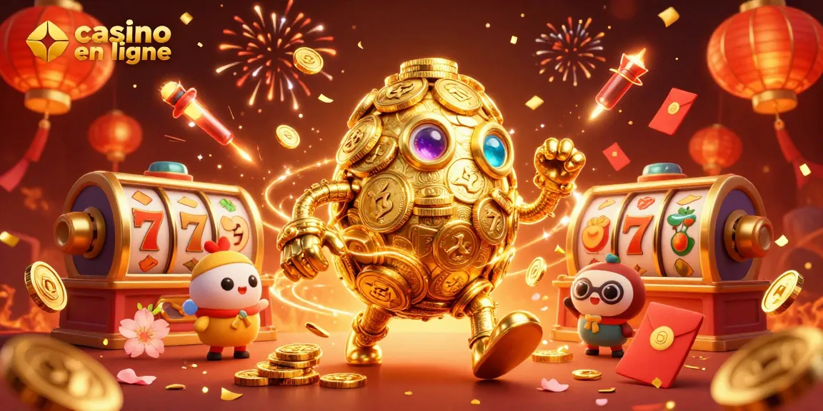Jouer au casino en ligne avec un golem en or entouré de symboles de machines à sous et de confettis.