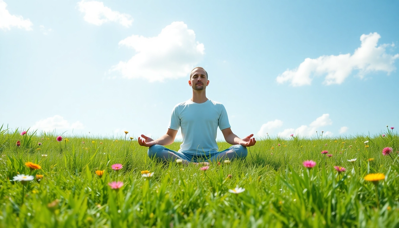 Embracing mental wellness through meditation in a serene outdoor setting with vibrant wildflowers.