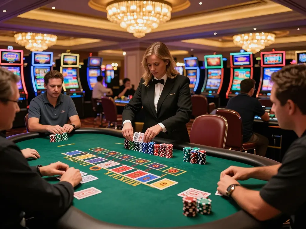 Players at a blackjack table in a luxurious casino setting, experiencing the excitement of sv66 game strategies.