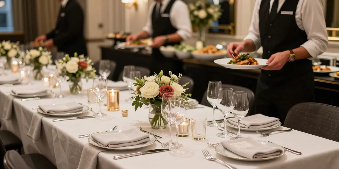 Catering Hire London event setup with beautifully arranged tables and professional catering team preparing gourmet dishes.
