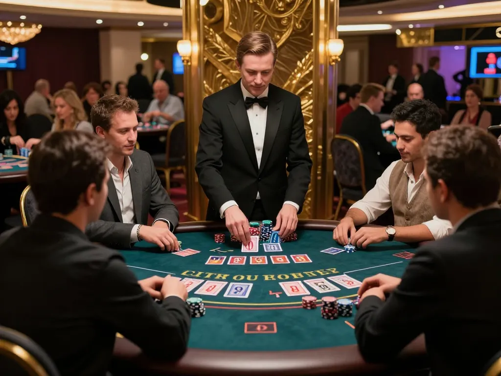 cm88-t1 players engaging in intense blackjack gameplay at a luxury casino table, vibrant atmosphere evident.