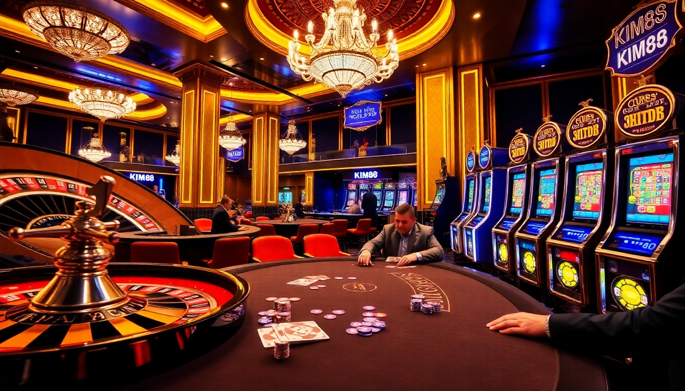 KIM88 casino scene capturing intense poker action, vibrant slot machines, and a dazzling roulette wheel.
