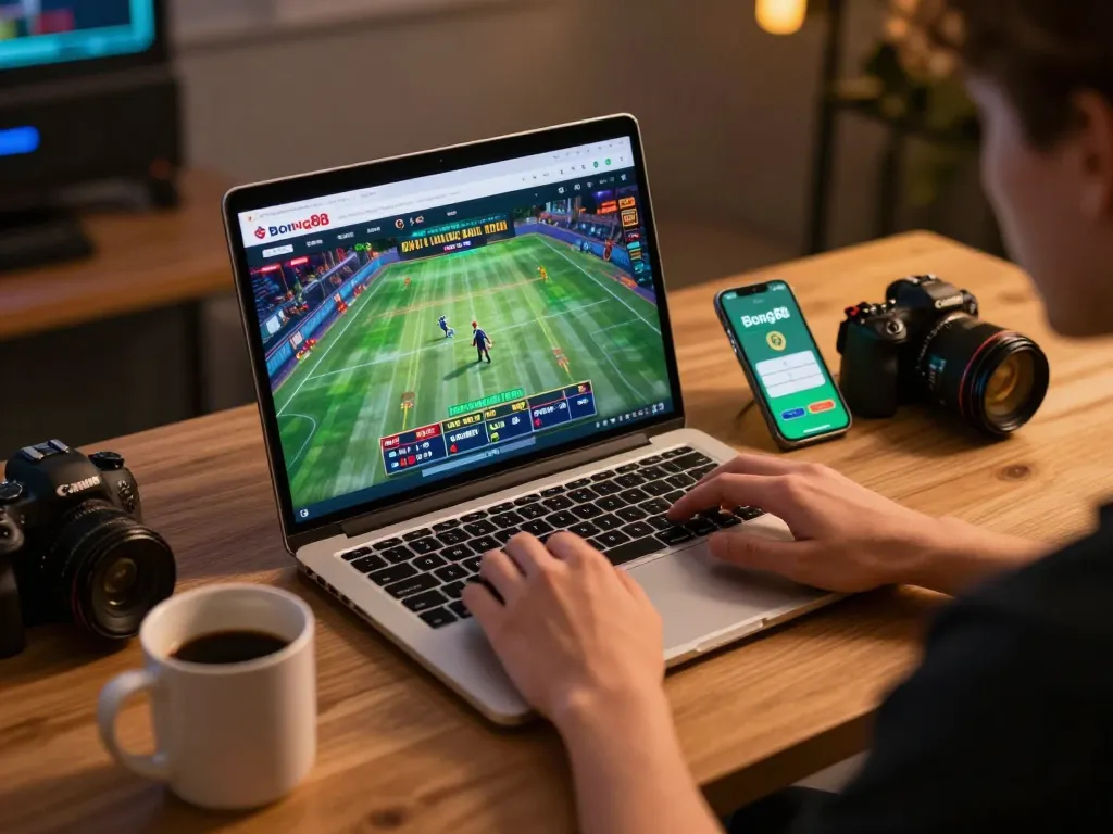 Bong88 player engaging with the online casino platform during an exciting gaming session at home.