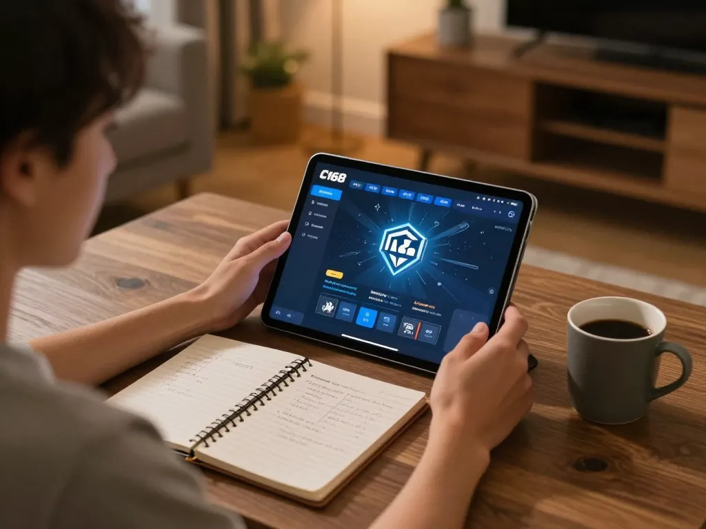 C168 nhà cái user enjoying online gaming on tablet in a cozy home environment.
