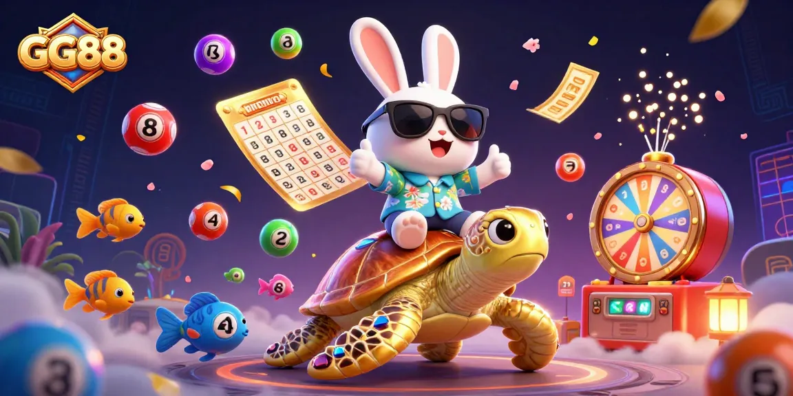 Experience big wins with GG88 as a lucky rabbit rides a golden sea turtle amid colorful games.