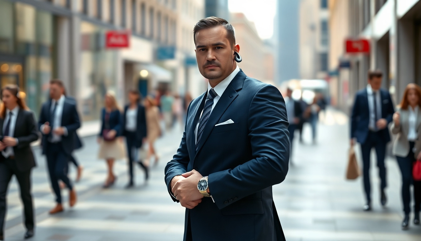 Bodyguard Service professional standing alert in a busy city, ensuring safety.