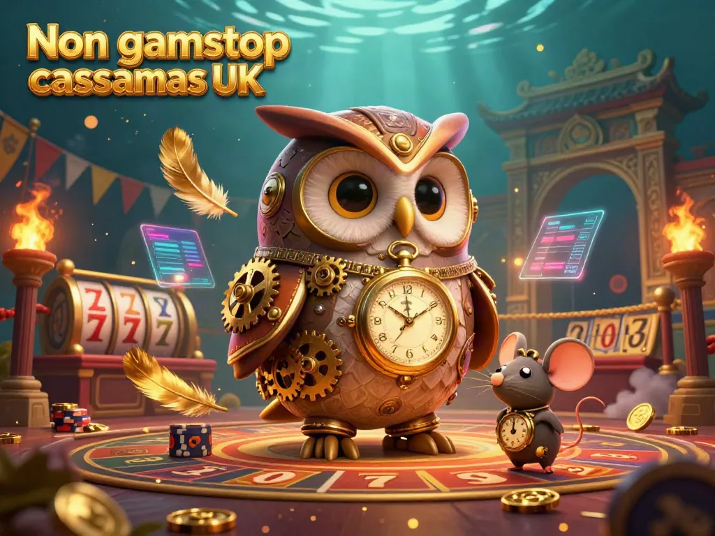 Experience thrilling gameplay at Non gamstop casinos UK featuring an owl and mouse in a vibrant, dynamic casino scene.