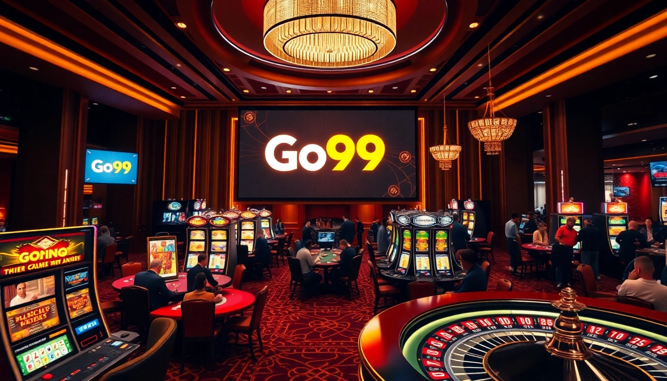 Go99 casino atmosphere with players at poker tables and flashing slot machines.