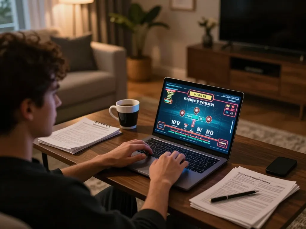 Bong88 user enjoying an online casino game on laptop in a cozy home setting