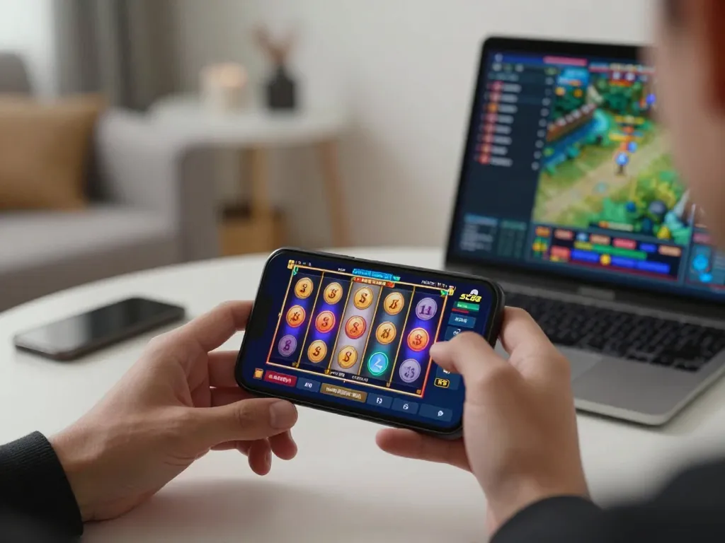 Player engages with a slot game on the SC88 app, showcasing a vibrant smartphone display and cozy atmosphere.