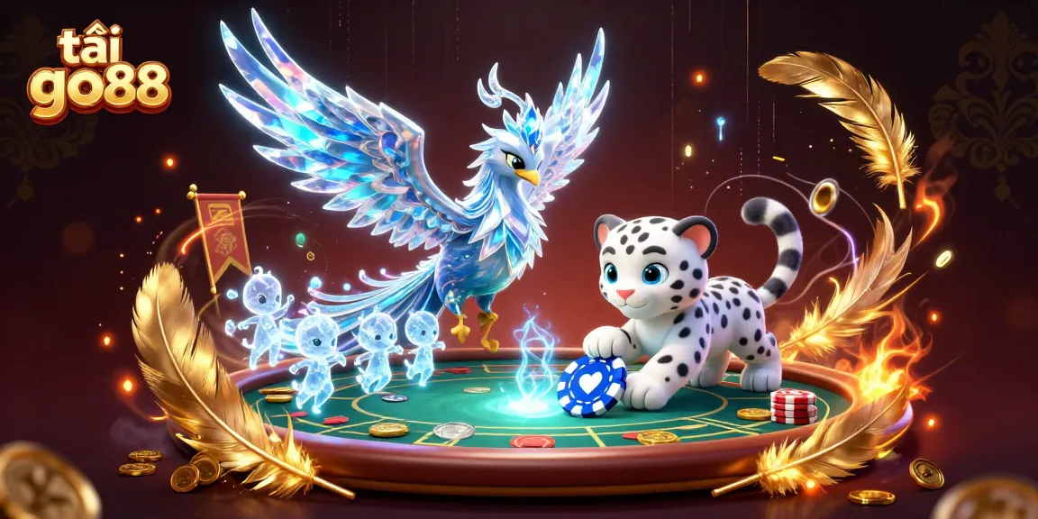 Experience the thrill of tải go88 with a dynamic 3D casino scene showcasing an ice phoenix, poker chip action, and vibrant gaming elements.