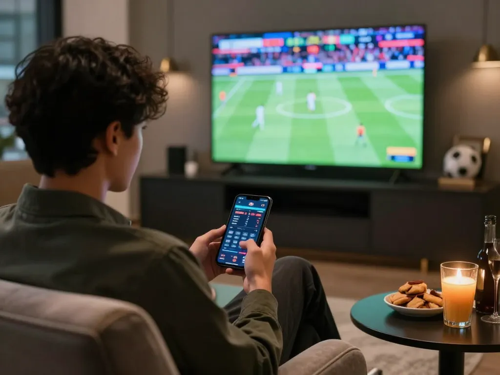Engaging in sports betting using keo nha cai app in stylish lounge