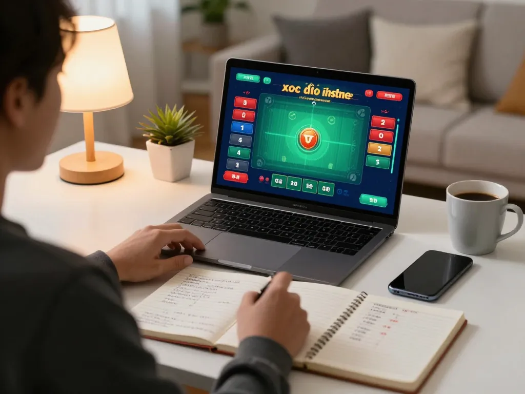 Engaged player strategizing in online xóc đĩa game at home, capturing excitement of gameplay