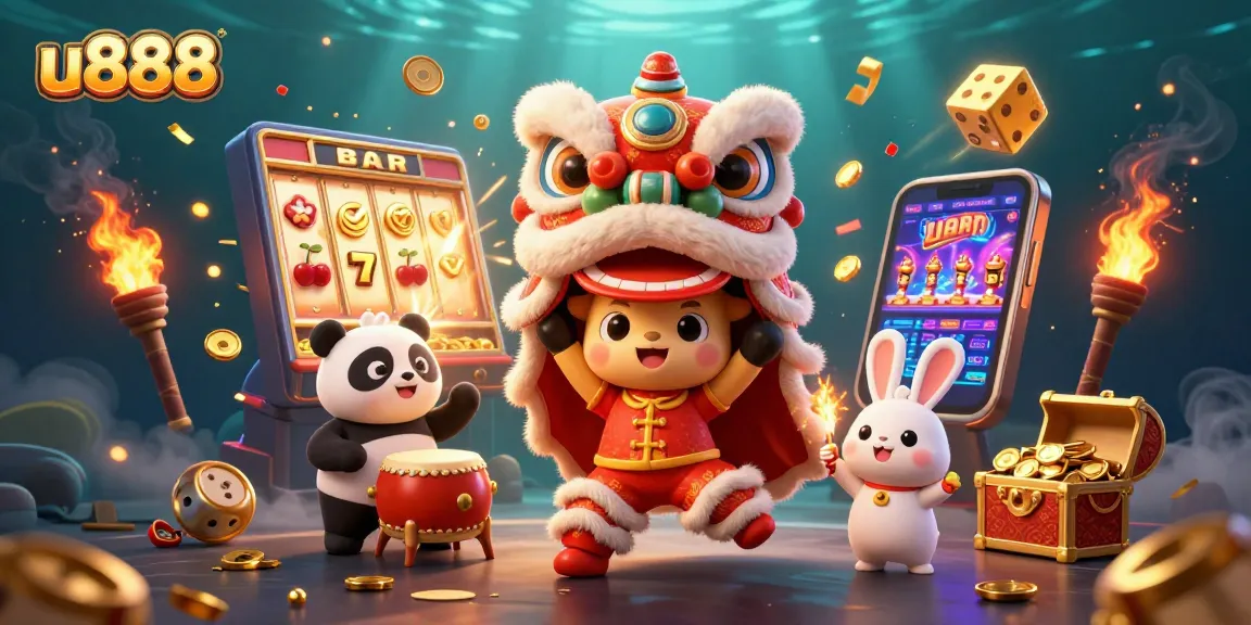Join the excitement at u888 with a vibrant 3D casino scene featuring festive elements, jackpots, and fun characters.